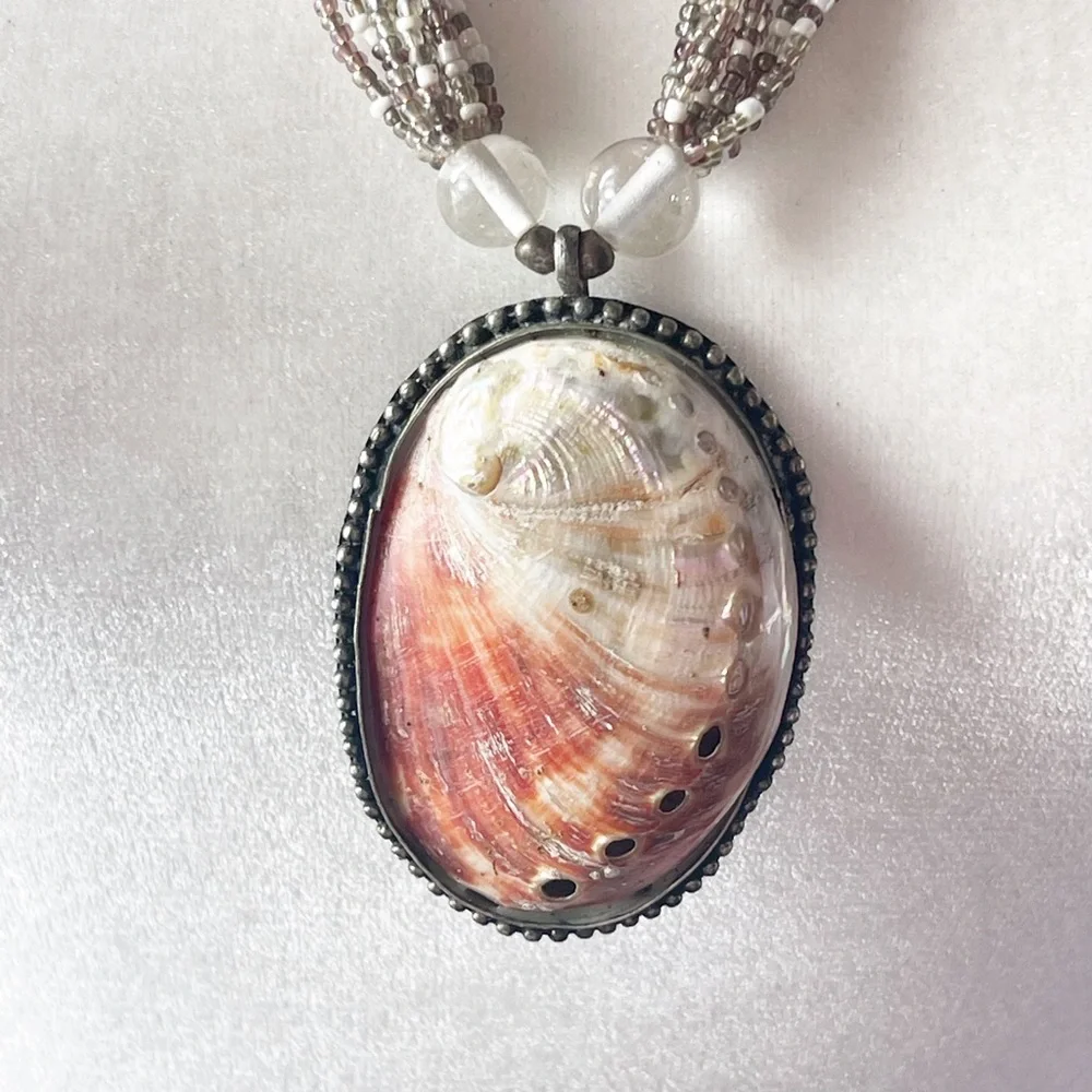 Beautiful 10 Strand Beaded Abalone Silver Tone Pendant Necklace Vintage - Picture 3 of 13